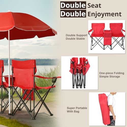 Outvita Folding Double Camping Chair w/Umbrella Beverage Holder Carrying Bag Cooler Fold Up Table, Large Bearing Capacity ...