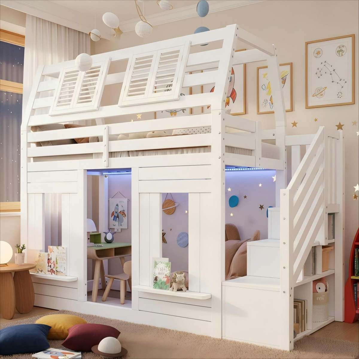 Bunk Bed, Loft Bed, Children's Bed, Wooden Bed, House Bed 90x190cm With LED, Fall Protection And Storage Stairs, Window Shape, White