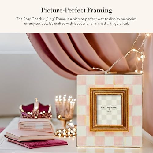 MACKENZIE-CHILDS Enamel Frame, Cute Rectangular Family Picture Frame, Pink-and-White Rosy Check, 2.5" x 3"