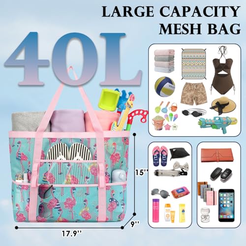 Fammart Mesh Beach Bag for Women, Large Beach Toy Pool Bag with Zipper Pocket, SandProof Cruise Essentials 2026 Family Travel