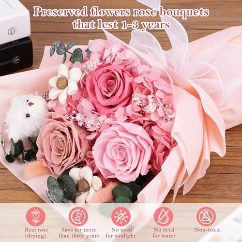 Shearly Preserved Flowers Bouquet with Bear, Forever Flowers with Gift Box, Long-Lasting Eteranl Roses Bouquet, Anniversar...