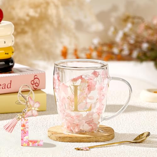 Personalized Gifts for Women Flower Double Wall Cute Novelty Monogrammed Glass Coffee Mug Tea Cup with Spoon Customized We...