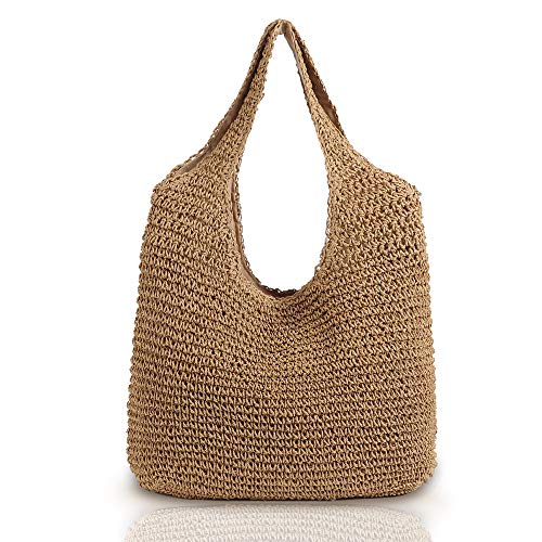 QTKJ Hand-woven Soft Large Straw Shoulder Bag Boho Straw Handle Tote Retro Summer Beach Bag Rattan Handbag