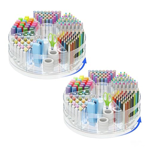 CraftGenes 2 Packs Pen Organizer for Desk - Acrylic Pen Holder with Hand Grips, 360° Extra Large Rotating Desk Organizer w...