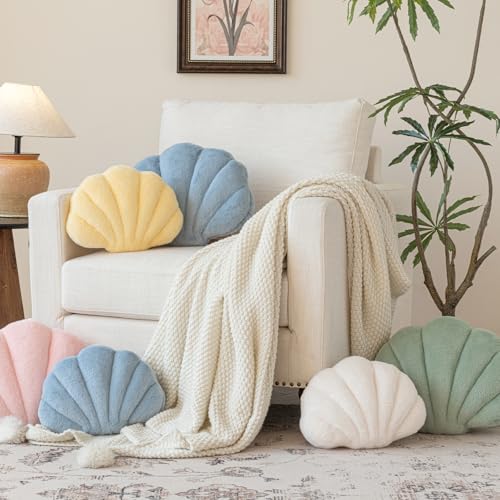 Znhinery Shell Pillow, Seashell Throw Pillow with Soft Rabbit Plush for Couch Bed, Shell Shaped Decorative Ocean Pillow St...