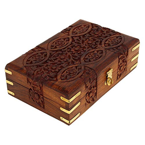 Ajuny Handcarved Treasure Chest Wooden Decorative Jewelry Storage Box Eye Floral Design Multipupose Small Memory Keepsake ...