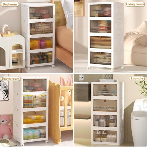YFXCVSL 4 Tier Plastic Storage Bins with Lid 23QT, Stackable Storage Containers with Wheels, Folding Storage Boxes, Stacka...