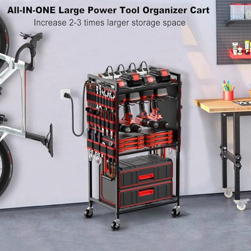 JUNNUJ Large Power Tool Organizer Cart with Charging Station, Garage Floor Standing Rolling Drill and Tools Battery Storag...