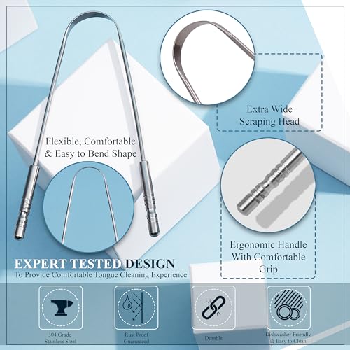 MasterMedi Tongue Scraper for Adults with Multicolor Travel Cases (2 Pack), 100% Stainless Steel, Reduce Bad Breath, Tongu...