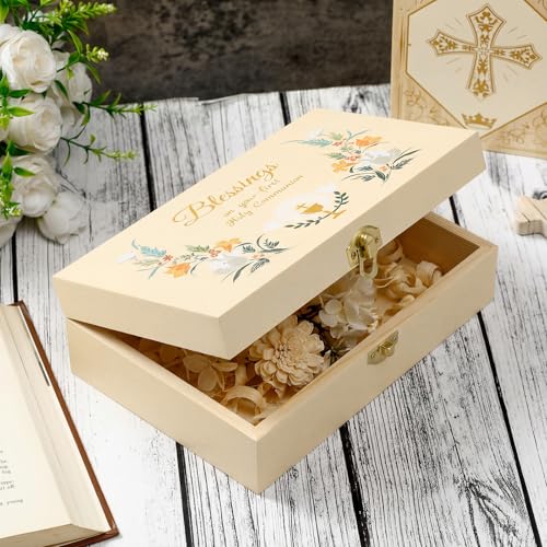 CroBlissful First Communion Wooden Box Keepsake Baptism Memory Box Gift 8.6 x 5.1 x 2.4 Inches First Holy Communion Jewelr...