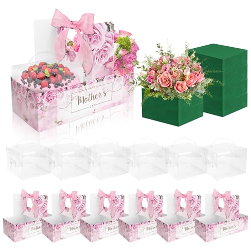 6 Set Mother's Day Cake Flower Gift Boxes with 6 Pcs Transparent PVC Cake Boxes 6 Floral Foam Ribbon Set Flower Bouquet Pa...