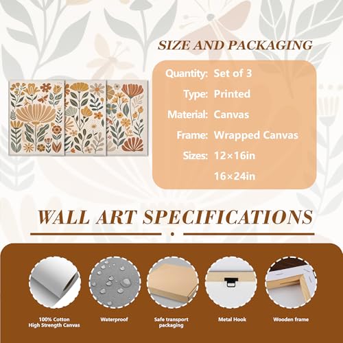 3Pcs Boho Abstract Floral Wall Art Minimalist WildFlower Wall Decor Pictures Modern Botanical Warm Earthy Tones Canvas Pos...
