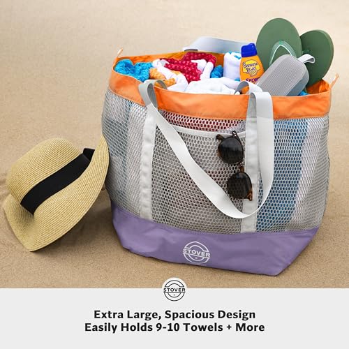 STOVER Extra Large Mesh Beach Bag, Vacation, Pool, Shopping & Travel Tote - Foldable w/Storage Pouch & Pockets for Women, Men