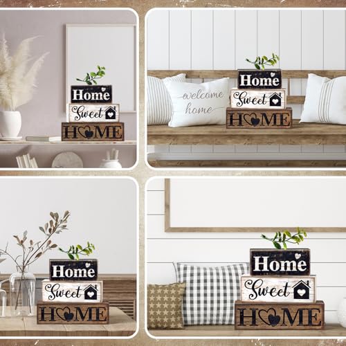 Moucuny 4 Pcs Farmhouse Wooden Tabletop Decor Farmhouse Tiered Tray Decor Rustic Eucalyptus Leaves Wood Block Sign Gift Sw...