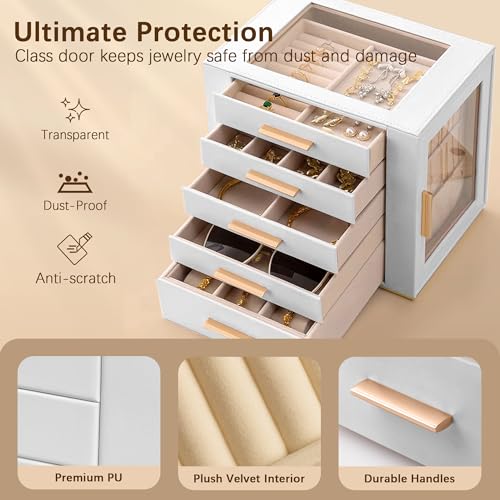Homeanda Jewelry Box for Women with Glass Lid, 5 Drawers Jewelry Organizer and Storage for Necklaces, Rings, Earrings, Bra...