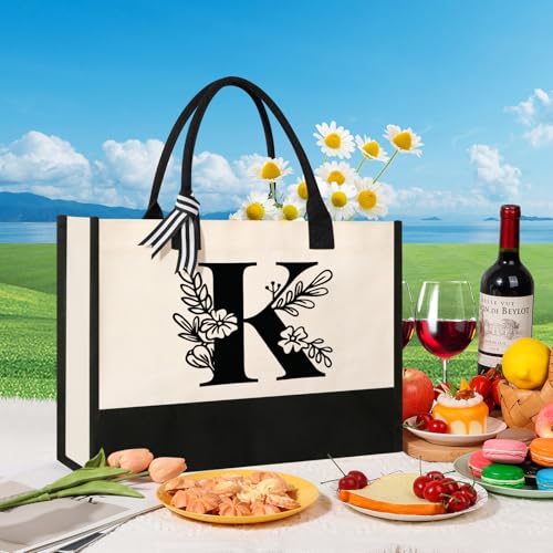 Tecanne Personalized Initial Canvas Tote Bag, Suitable for Birthday, Wedding, Beach, Holiday, Gifts for Women, Mom, Teache...