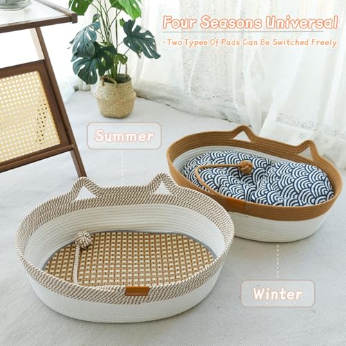 Pet Beds for Cats, Cat Beds for Indoor Cats 19.69"×13.78"×6.30",Cotton Rope Oval Cat Bed for All Seasons (with Cooler Stra...