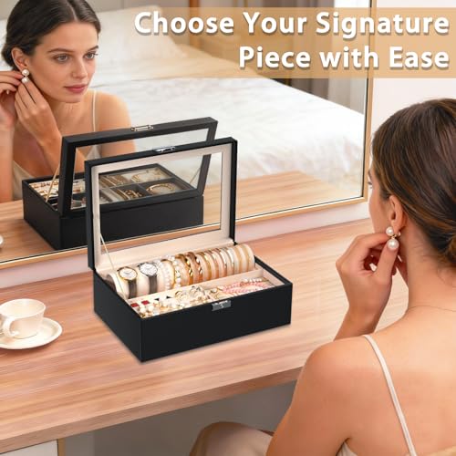 Jolensoy Jewelry Organizer Box with Clear Glass Lid, Bracelet Holder Jewelry Storage Case for Earrings, Rings, Bangles, Wa...