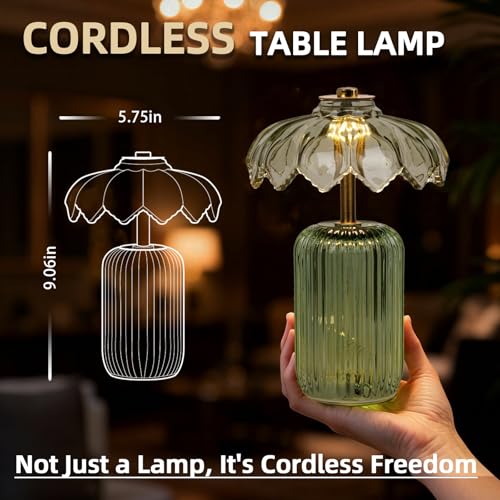 MJ PREMIER Cordless Lamp, Battery Operated Lamp with Timer, Crystal Glass Flower Lampshade, Small Table Lamps, Decorative ...