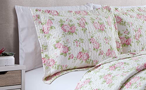 Chezmoi Collection Dakota 3-Piece Printed Pink Rose Cotton Quilt Set - Pink Floral Flower Reversible Stone Washed Lightwei...