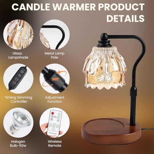 Candle Warmer Lamp with Timer and Wireless Remote Control, Dimmable Candle Warmer for Jar Candles, Height Adjustable Wax M...
