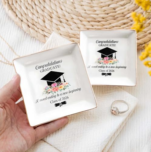 Graduation Gift for Her 2026 – Cap & Flowers Graduate 4" Ceramic Jewelry Dish – Class of 2026 Gift for Daughter, Sister, F...