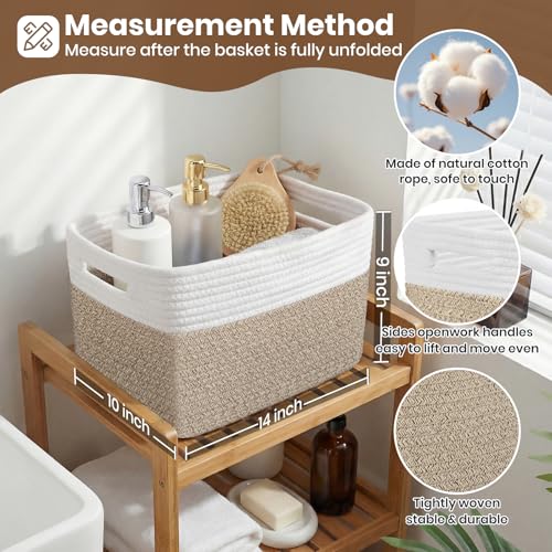 Storage Baskets for Organizing, 14 x 10 x 9” Closet Shelf Woven Baskets, Square Bins with Handles, Cotton Rope Basket for ...