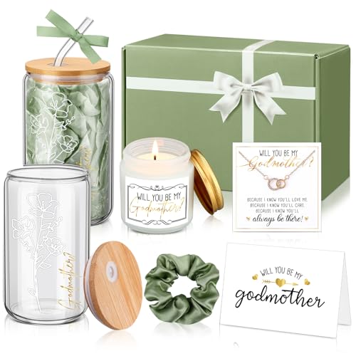 Singhoow 6 Pcs Godmother Proposal Gift Set, Will You Be My Godmother Gift Box, 16oz Glass Cup, Necklace & Scented Candle f...