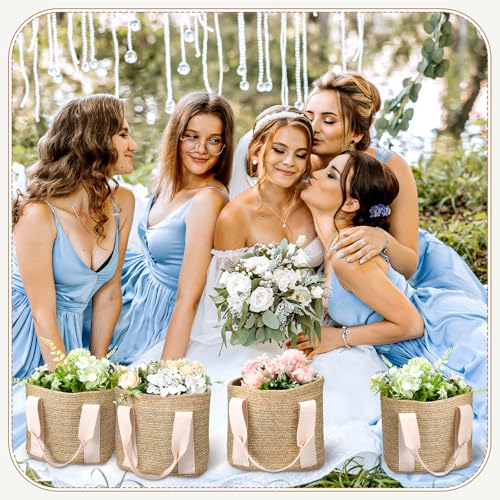 Clysee 6 Pcs Bridesmaid Straw Beach Bags Reusable Woven Burlap Tote Bags with Handles Ribbon for Bachelorette Wedding Gift...