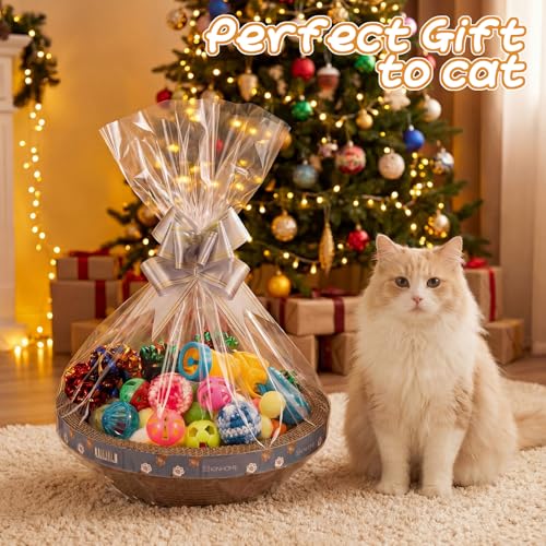Zopeal 64 Pcs Easter Cat Toy Gift Set Magic Cat Scratcher Board Ball Launcher Gun Crinkle and Yarn and Plastic Bell Ball K...