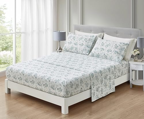 Chezmoi Collection Gigi 4-Piece Floral Cotton Sheet Set King- Elegant Blue Ivory White Floral Printed 100% Cotton Bed Sheets