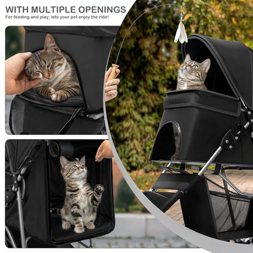MoNiBloom Foldable Pet Stroller with Weather Cover, 3 Wheels Pet Strolling Cart for Small/Medium Dogs and Cats with Storag...