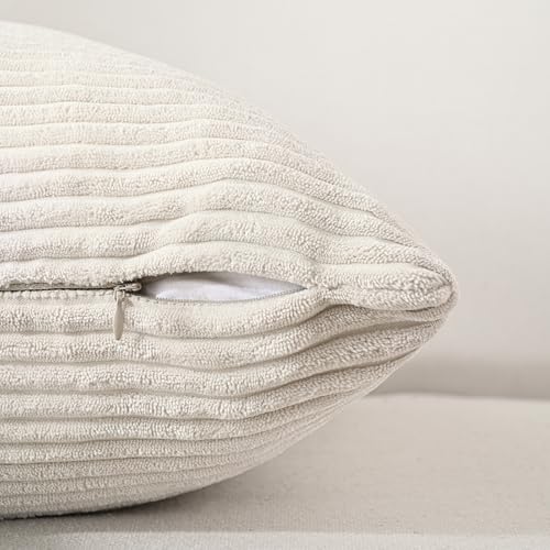Volcanics Set of 4 Neutral Grey Corduroy Decorative Couch Throw Pillow Covers 18x18 Inch, Western Modern Farmhouse Striped...