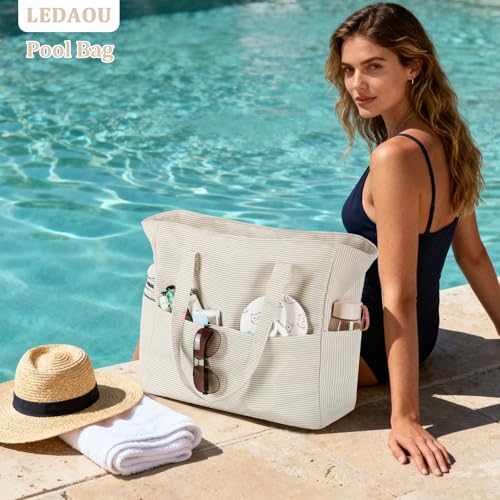 LEDAOU Large Beach Bag Women Waterproof Sandproof Zipper Beach Tote Pool Bag for Swim Gym Grocery Travel with Wet Pocket |...