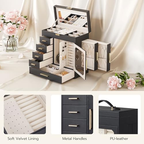 HOOBRO Jewelry Box with Mirror, Jewelry Organizer Box with Capacious Storage Space, Jewelry Holder Organizer, Hand-Held Je...