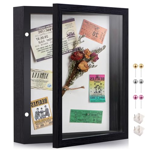 SPESFUTA 8x10 Deep Shadow Box Picture Frame Display Case with Linen Back and Stand,Real Glass Black Shadow Memory Box Fram...