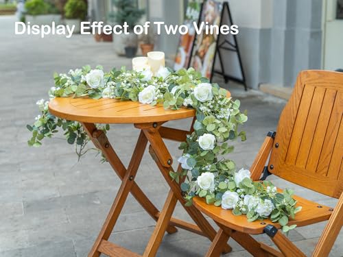 6FT Artificial Eucalyptus Garland with Flowers, 10 White Roses Baby Breath Garland Floral Greenery for Wedding Party Cente...