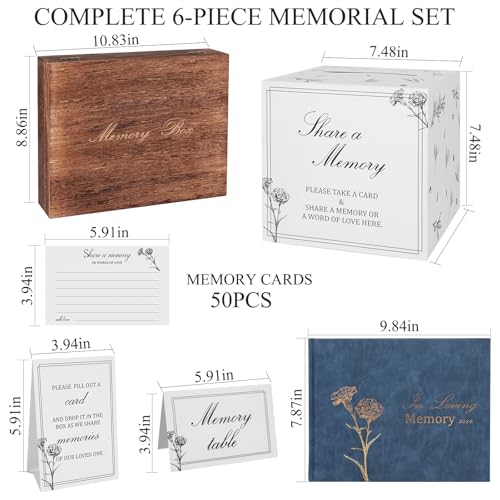 Funeral Guest Book Set with Wooden Keepsake Box – Includes 50 Blank Memory Cards, Memory Table Card, Instruction Card, Car...