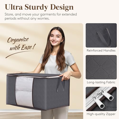 Lifewit 6 Pack Clothes Storage Bins with Lids, Foldable Blanket Storage Bags with Zippers, Clear Window and Reinforced Han...