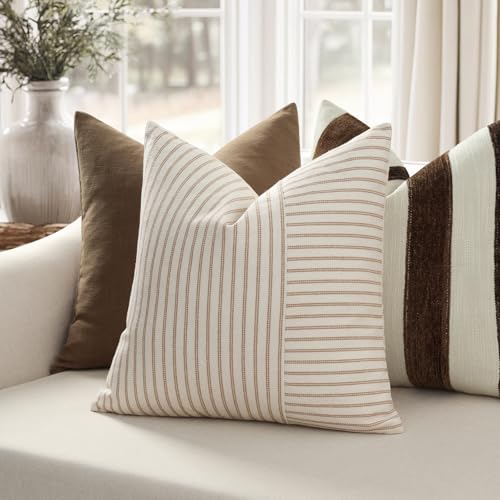 YCOLL Farmhouse Pillow Covers 20x20, Modern Accent Square Throw Pillow Covers Set of 2, Khaki and Beige Striped Patchwork ...