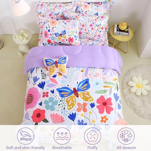 Mooreeke Full Size Comforter Sets for Girls Kids, 8 Pieces Bed in a Bag Purple Floral Butterfly Bedding Comforter Sheet Se...