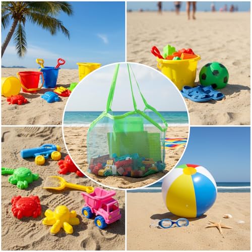 Yuomeaz Mesh Beach Bag, Mesh Beach Toy Bags, Green Foldable Sandproof Tote Bags for Pool, Travel, Summer Party (15×9×14 in)