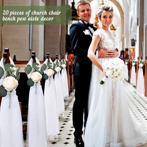 DIYDOFUN 20 Sets Wedding Aisle Decorations, 39.4 Inches Artificial Silk Rose Flowers with Long Tulle Tails for Church Pew ...