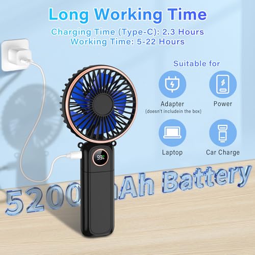 Portable Handheld Fan 5200mAh, USB Rechargeable Foldable Electric Personal Small Mini Hand Held Fan, 22Hrs Runtime, 6 Spee...
