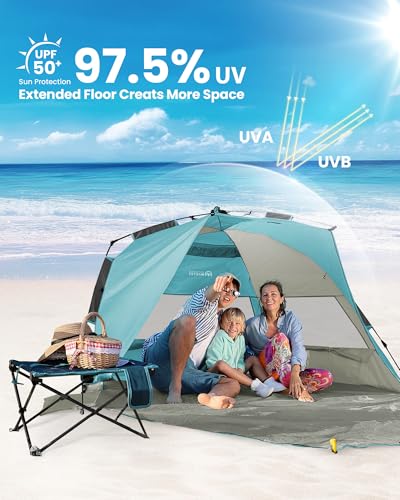 OutdoorMaster Beach Tent Sun Shelter for 3-4 Person, Pop Up Beach Tent Easy Setup with Sandbags, Portable Sun Shade Canopy...