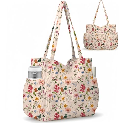 Corduroy Tote Bag for Women,Large Capacity Cute Tote Bags With 6 Pockets,Crossbody Shoulder Handbag for Work Travel Gym