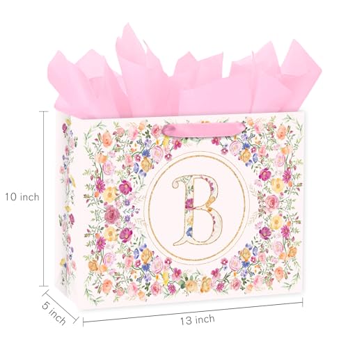 Loveinside 13" Large Floral Monogram Letter B Gift Bag, Personalized Alphabet Flower Initial Gift Bag with Tissue Paper fo...