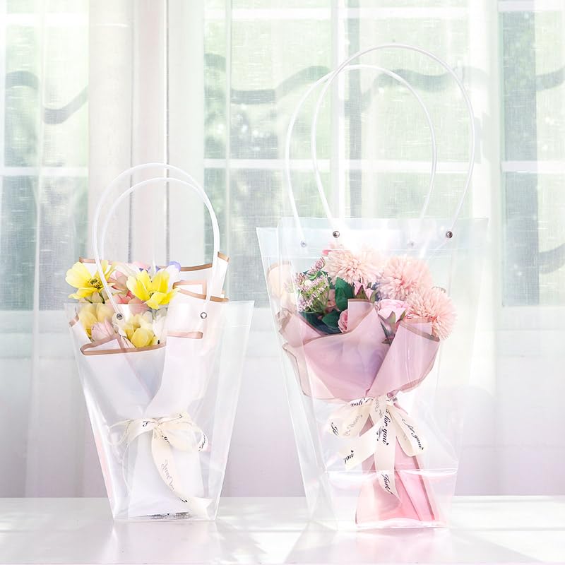 SOUJOY 10 Pack Clear Flower Bouquet Bags, Extra Large Gift Bags with Long Handles, 13''L x 8.2''W x 13.8''H Party Floral P...