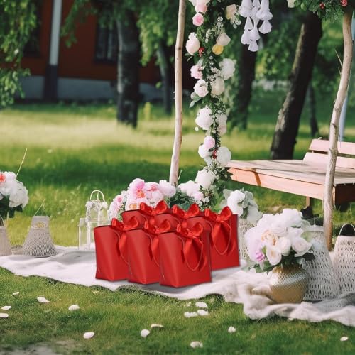 Aosric 12 Pack Red Tote Gift Bags with Bow Ribbon – 7.48x3.54x7.9 Elegant Small Cardstock Gift Bag with handles & Base Sup...