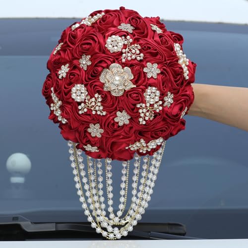 TUAGYMKR Handmade Satin Rose Water Drop Bridal Bouquet,8.7inch Crystal Wedding Round Tossing Bouquet,Jewelry Proposal Brid...